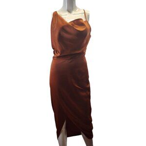 Missguided Rust Asymmetrical Strap Drape Satin Midi Dress Size 2 NWT